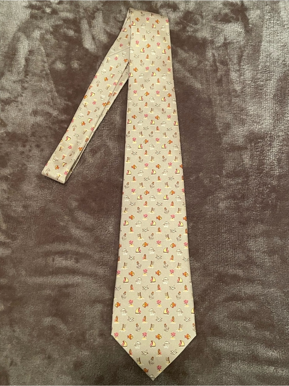 Salvatore Ferragamo Beige Silk Tie with Pastel Nautical Motifs